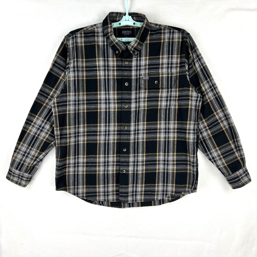 Smith's Work Wear Men's Long Sleeve Black‎ Tan Plaid Shirt Size XL